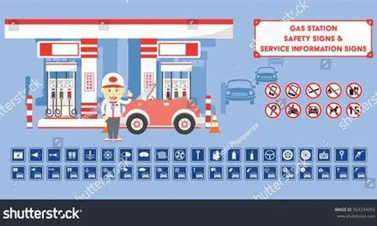 Rambu keselamatan di area pom bensin terdekat