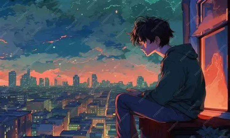 Visualisasi lofi anime bertema laut
