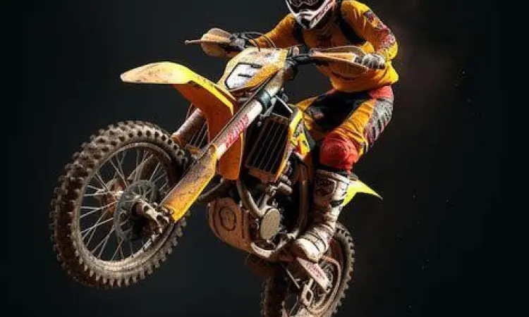 Action Shot Trail Pengendara melakukan lompatan dengan motor trail di sirkuit