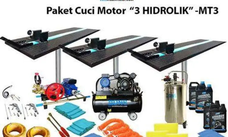 Layanan Cuci Motor Hidrolik Proses cuci motor menggunakan lift hidrolik untuk menjangkau area bawah